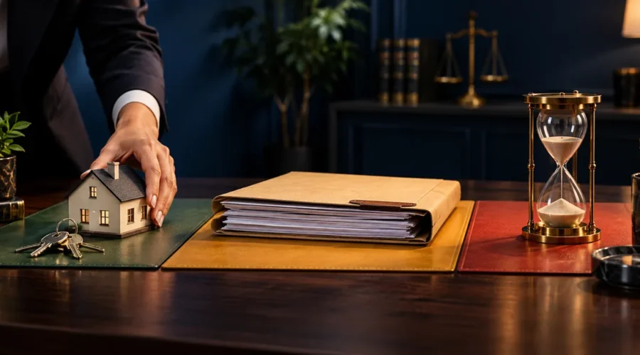 Casa, documentos e ampulheta representam o tempo de inventário