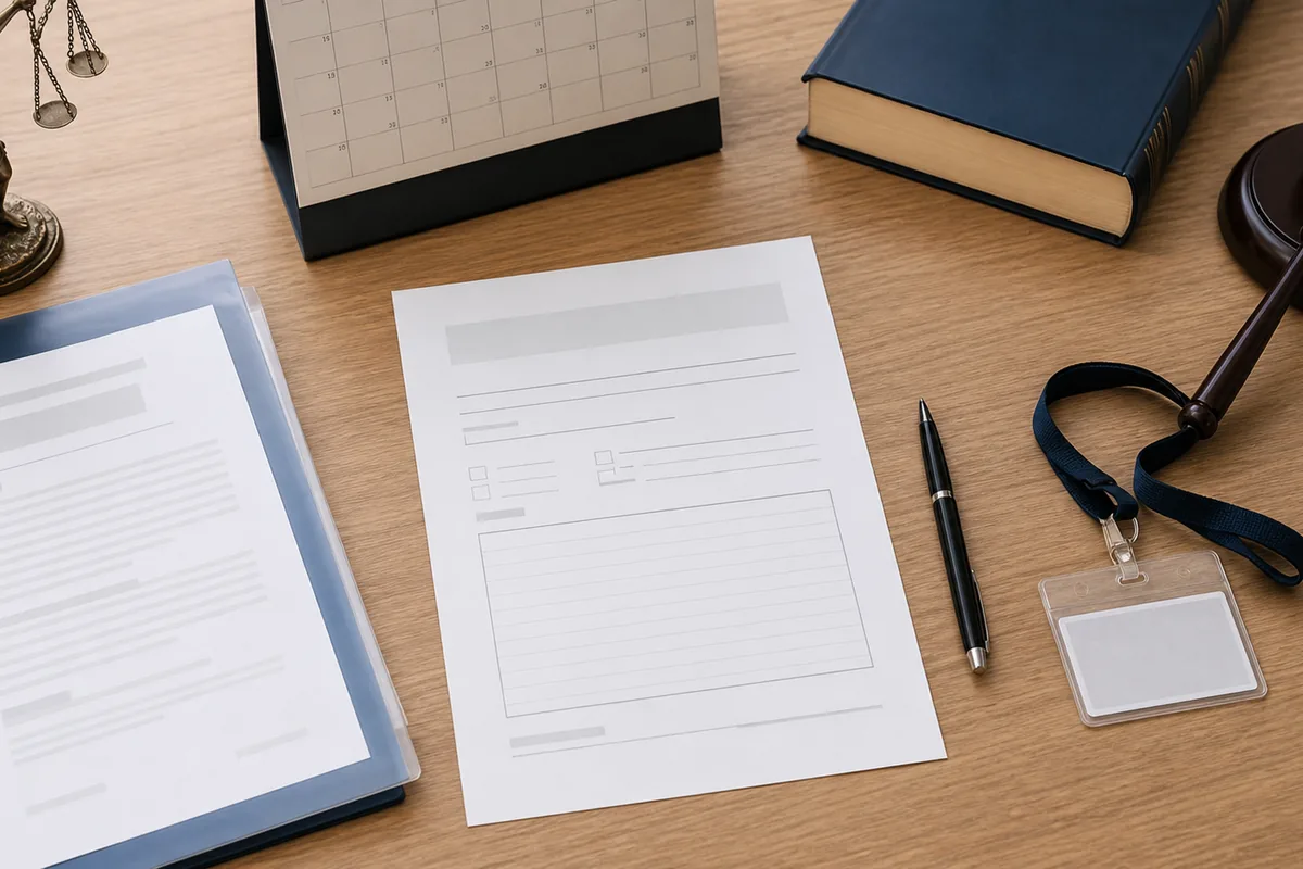 Documentos, calendário e identificação organizados para audiência trabalhista