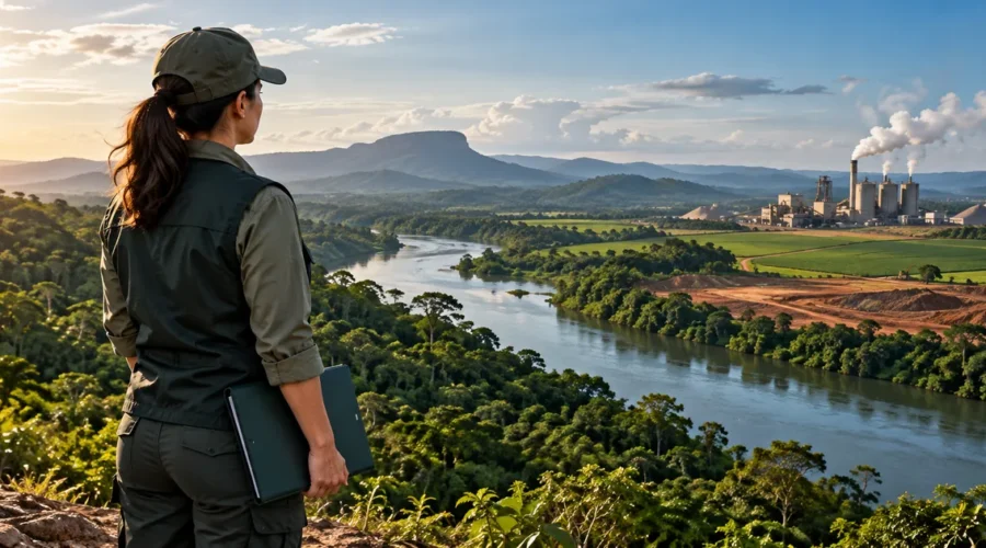 Fiscal ambiental observa floresta, rio, indústria e área alterada