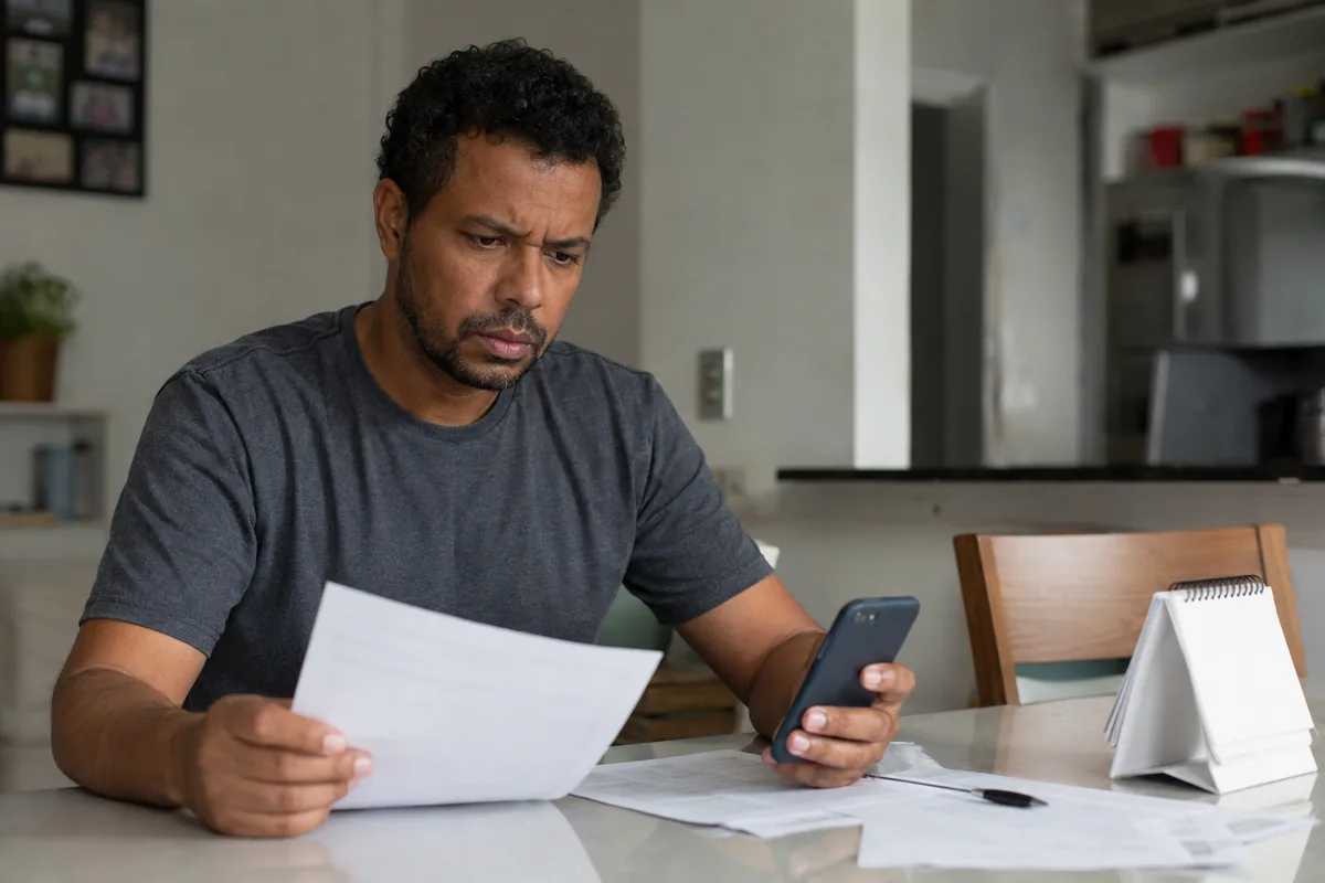 Trabalhador confere documentos enquanto aguarda verbas rescisórias