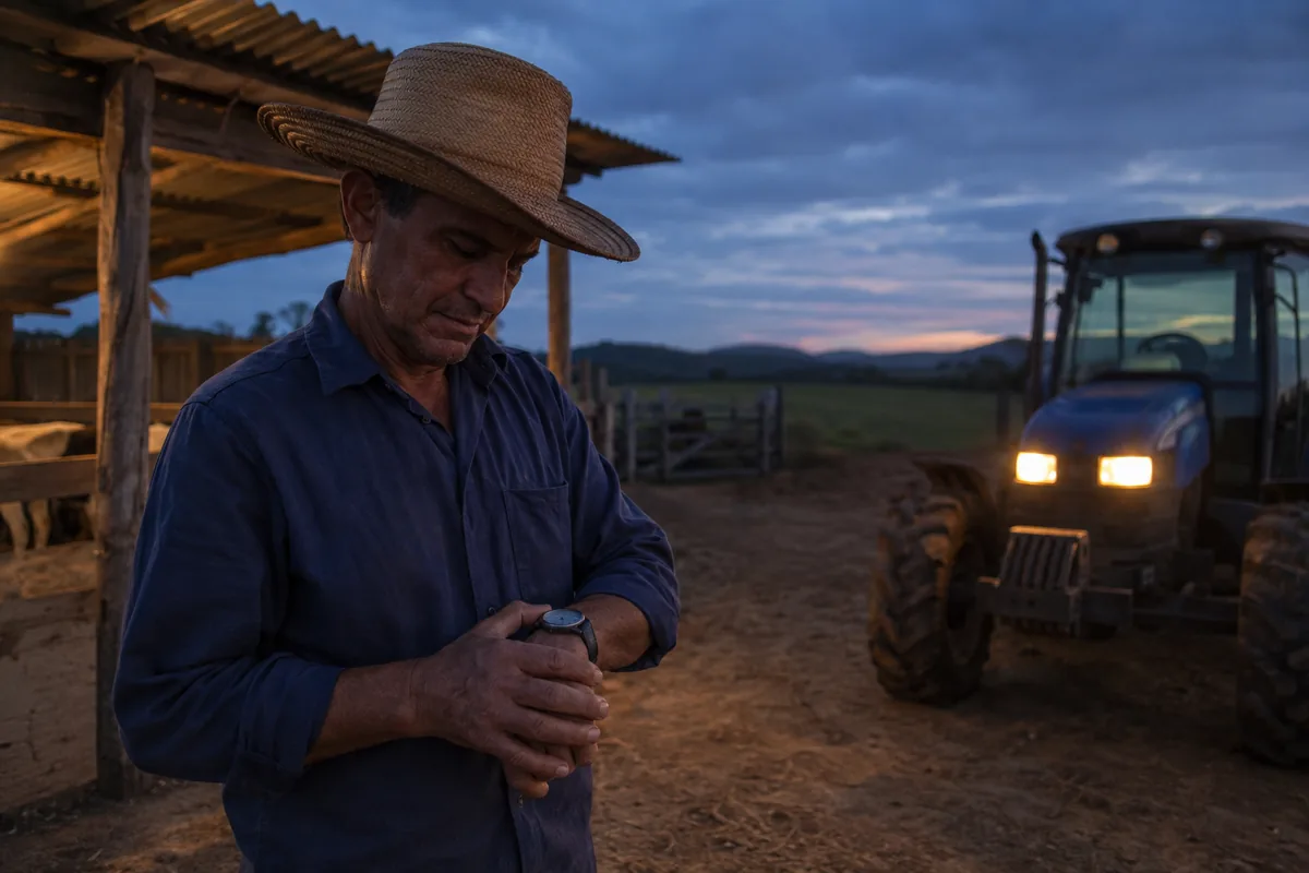 Trabalhador rural conferindo o horário antes do amanhecer