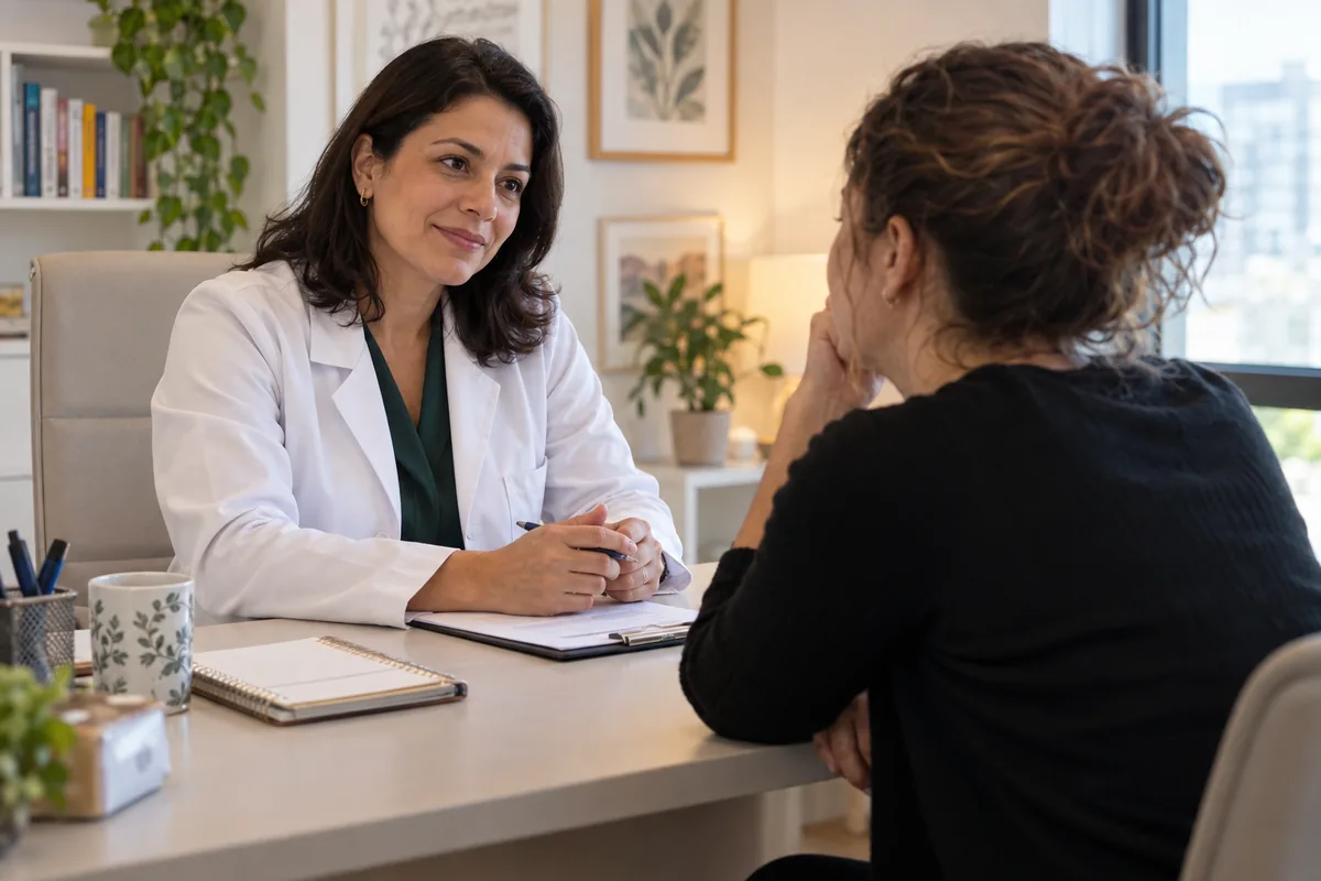 Psiquiatra conversa com paciente sobre tratamento e relatório médico