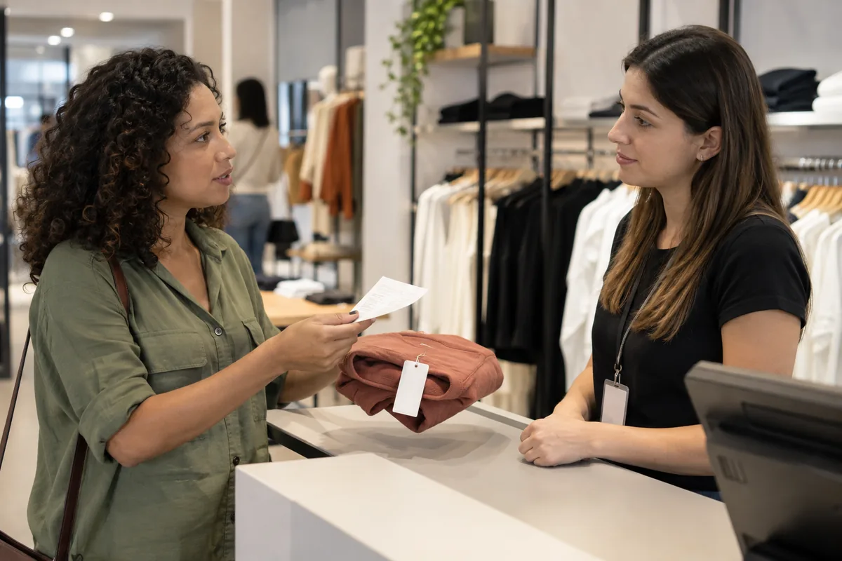 Consumidora apresenta roupa e comprovante para troca em loja física