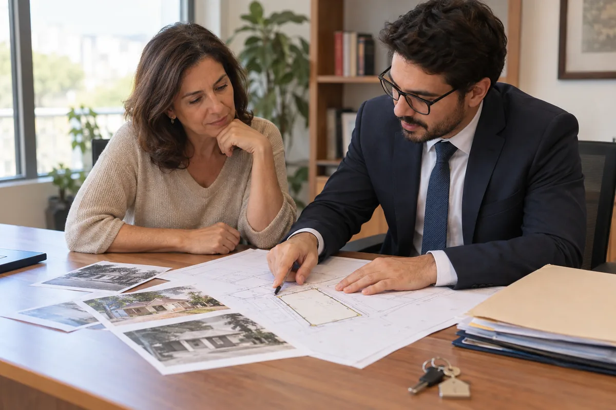 Moradora e advogado analisam planta e histórico de imóvel