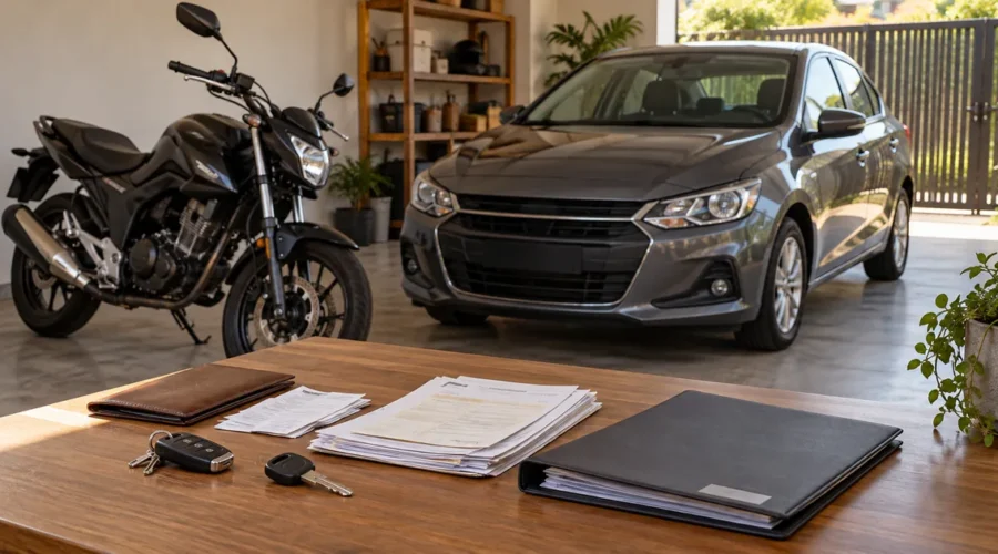 Carro, motocicleta, chaves e documentos organizados em garagem