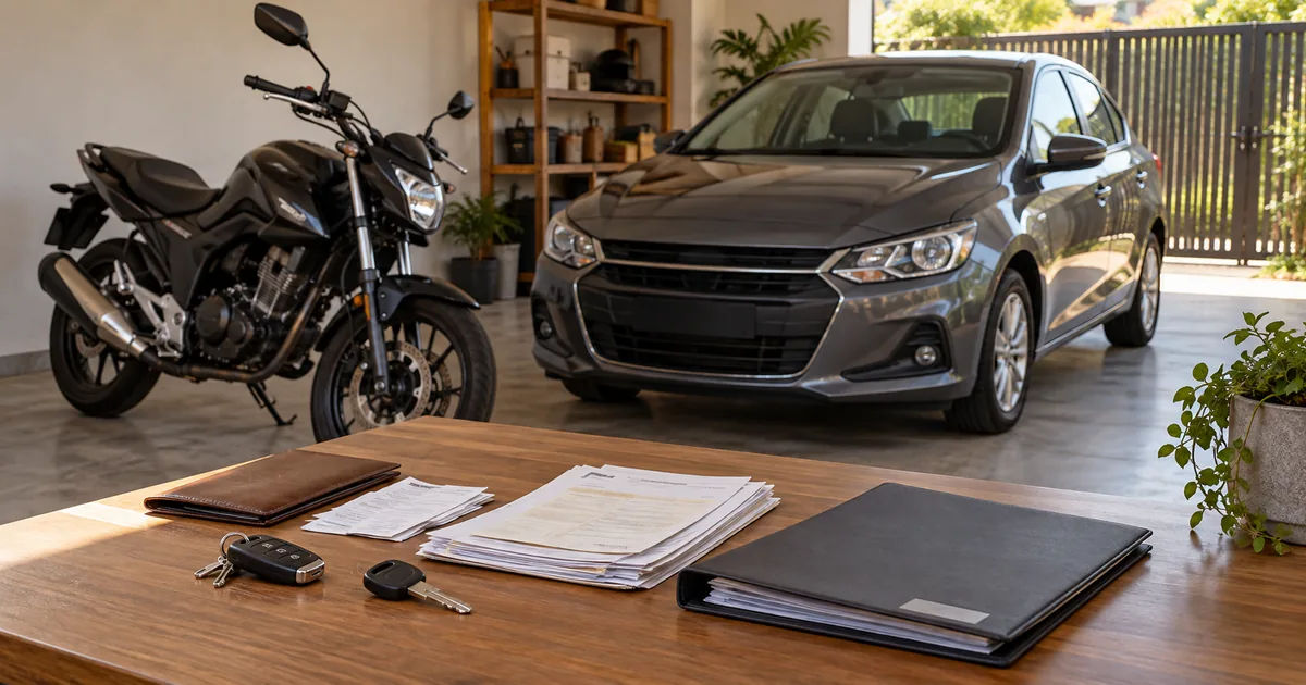 Carro, motocicleta, chaves e documentos organizados em garagem