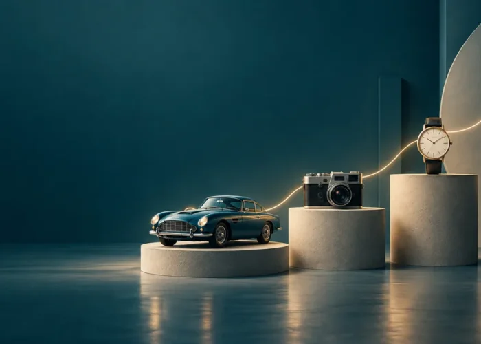 Automóvel, câmera, relógio e violino conectados por linha de tempo visual