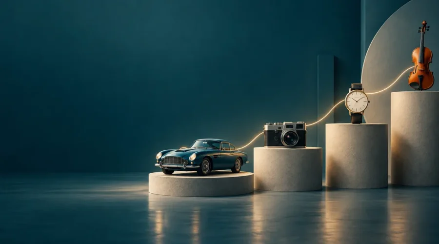 Automóvel, câmera, relógio e violino conectados por linha de tempo visual