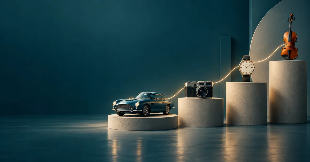 Automóvel, câmera, relógio e violino conectados por linha de tempo visual