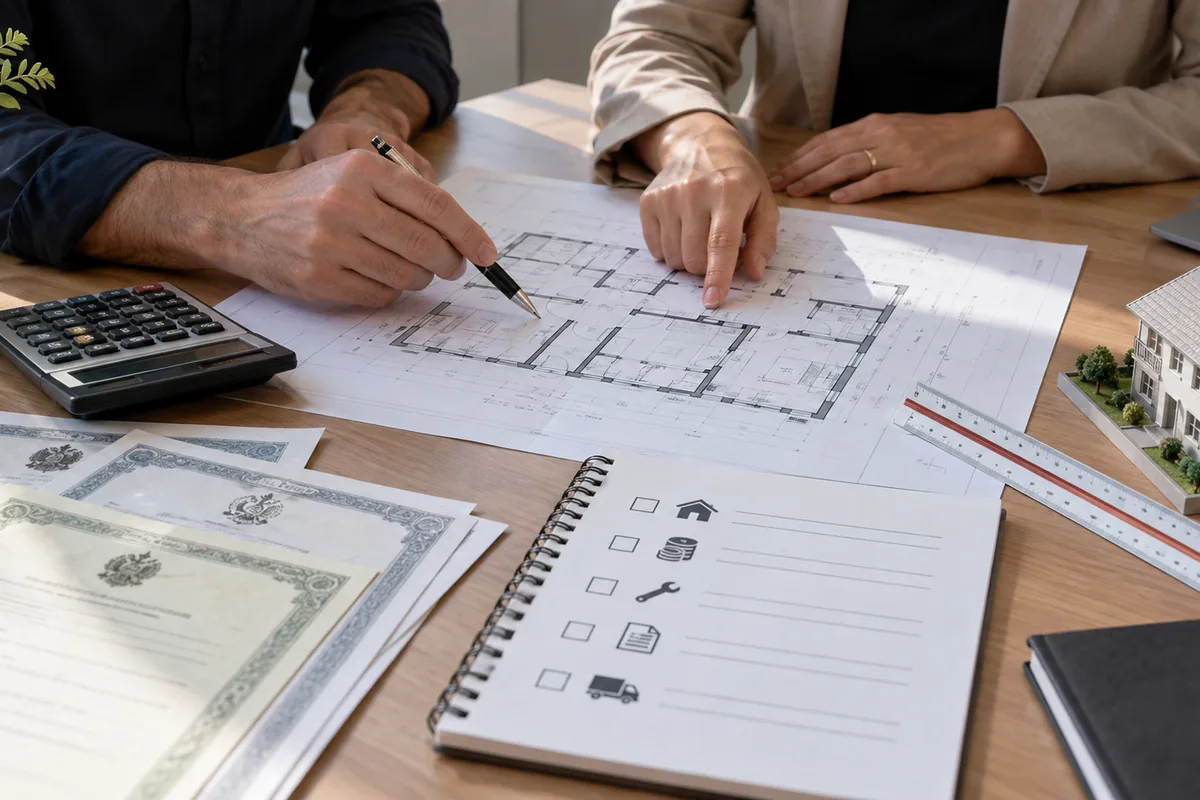 Planta, certidões e calculadora usados no orçamento da usucapião