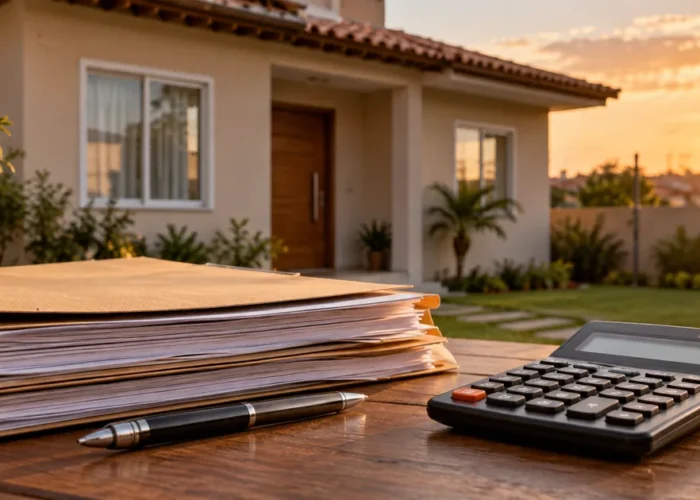 Pasta e calculadora diante de imóvel residencial