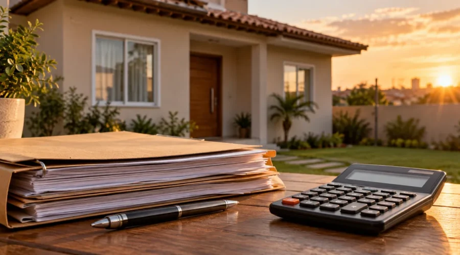 Pasta e calculadora diante de imóvel residencial