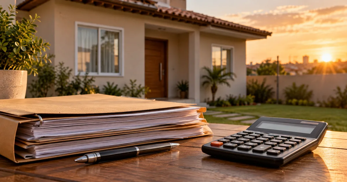 Pasta e calculadora diante de imóvel residencial