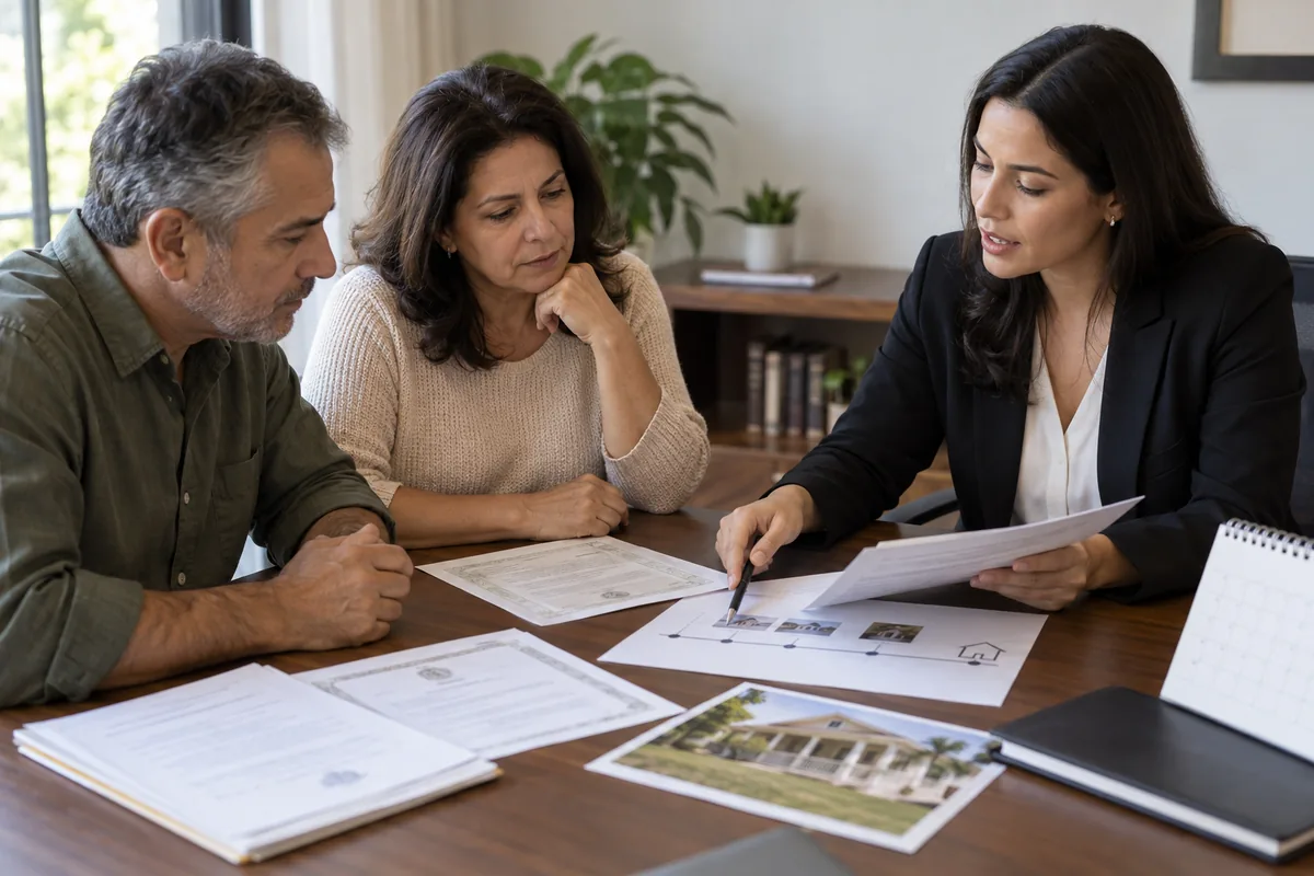 Familiares e advogada analisam documentos sobre posse de imóvel