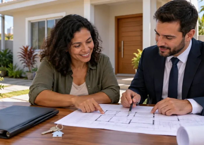 Moradora e advogado conferem planta de imóvel residencial