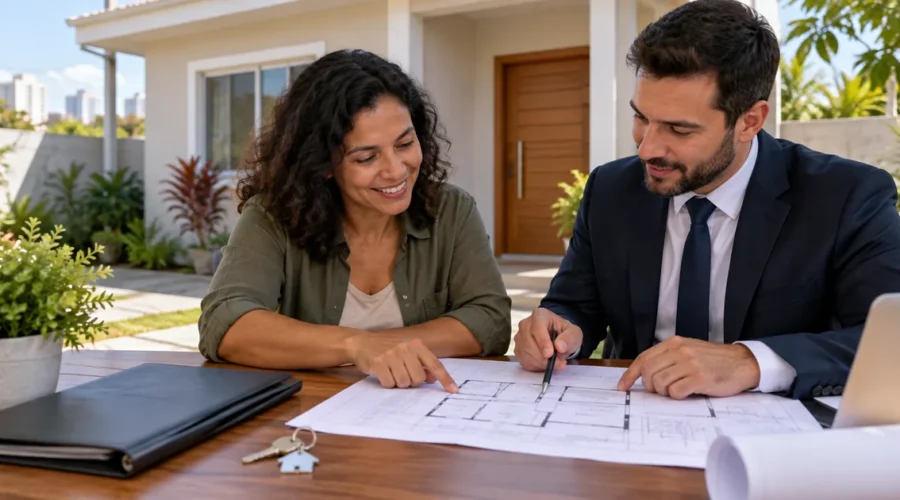 Moradora e advogado conferem planta de imóvel residencial