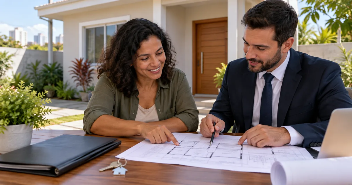Moradora e advogado conferem planta de imóvel residencial