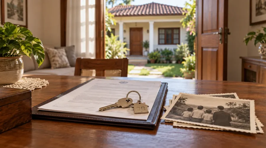 Casa herdada, chave e documentos representam usucapião e herança