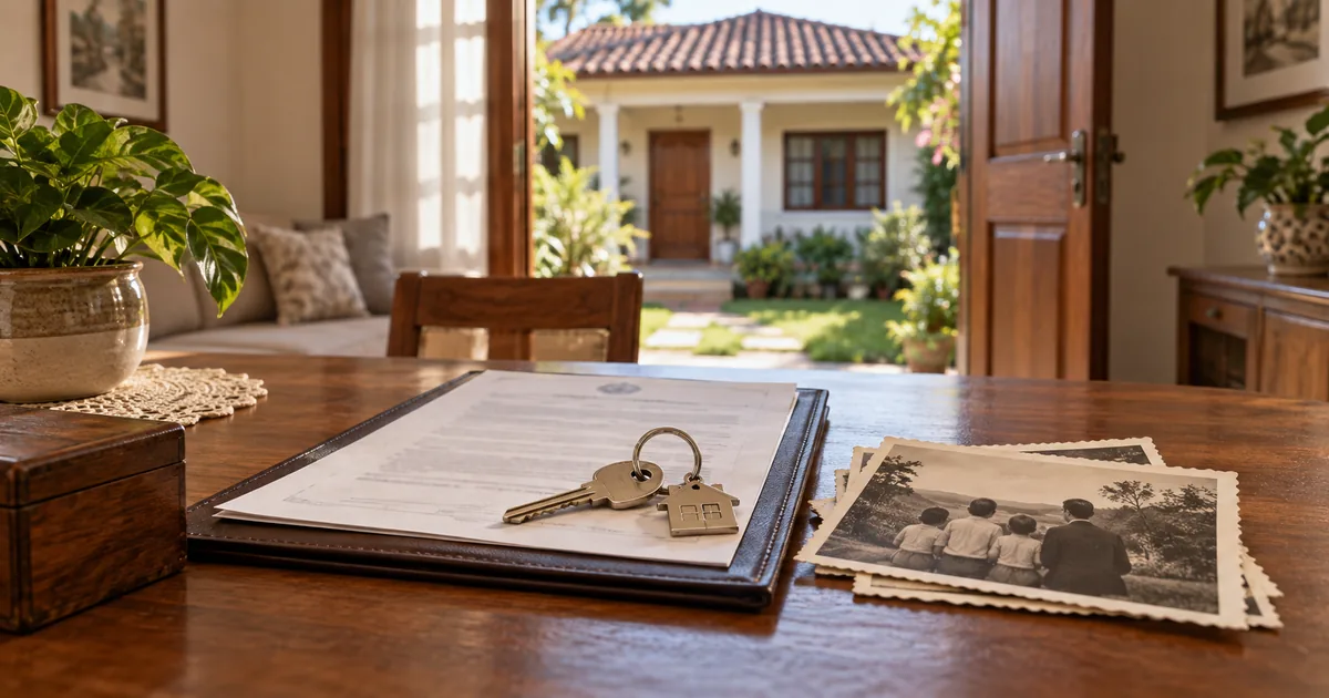 Casa herdada, chave e documentos representam usucapião e herança