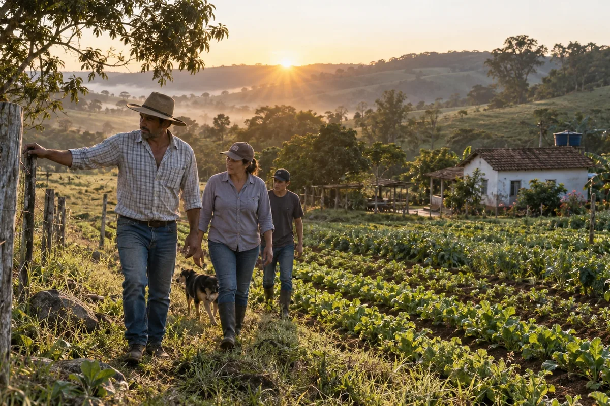 Família agricultora em pequena propriedade rural produtiva