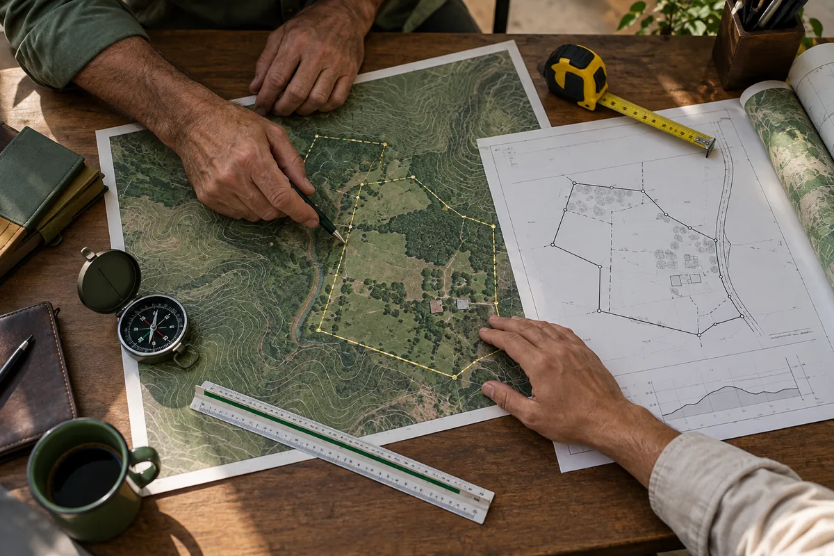 Profissionais conferem planta e limites de imóvel rural