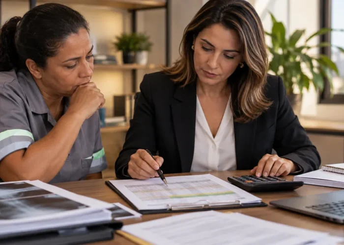 Trabalhadora e advogada analisam planilha de indenização