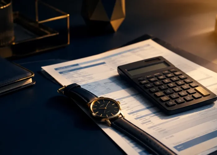 Calculadora e relógio sobre contracheque para apurar hora extra