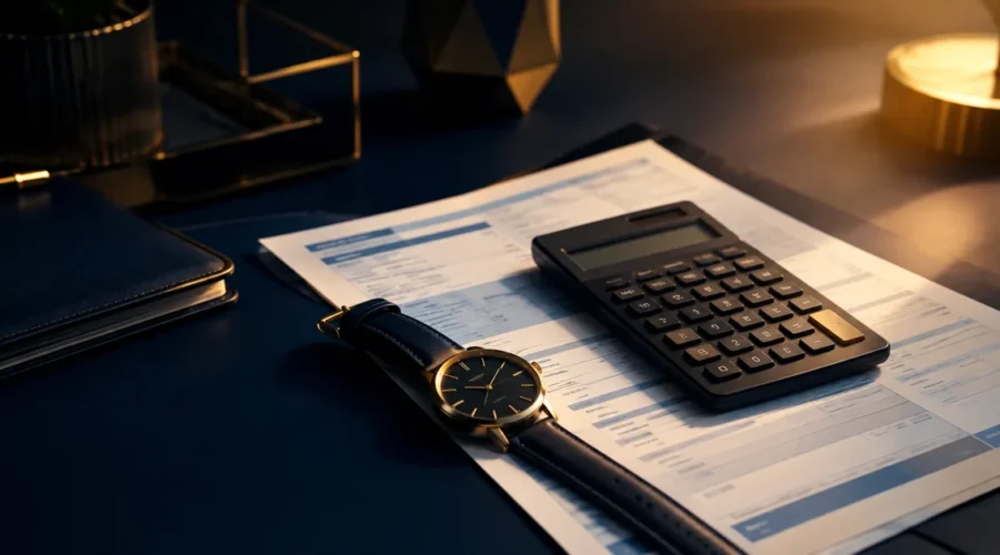 Calculadora e relógio sobre contracheque para apurar hora extra