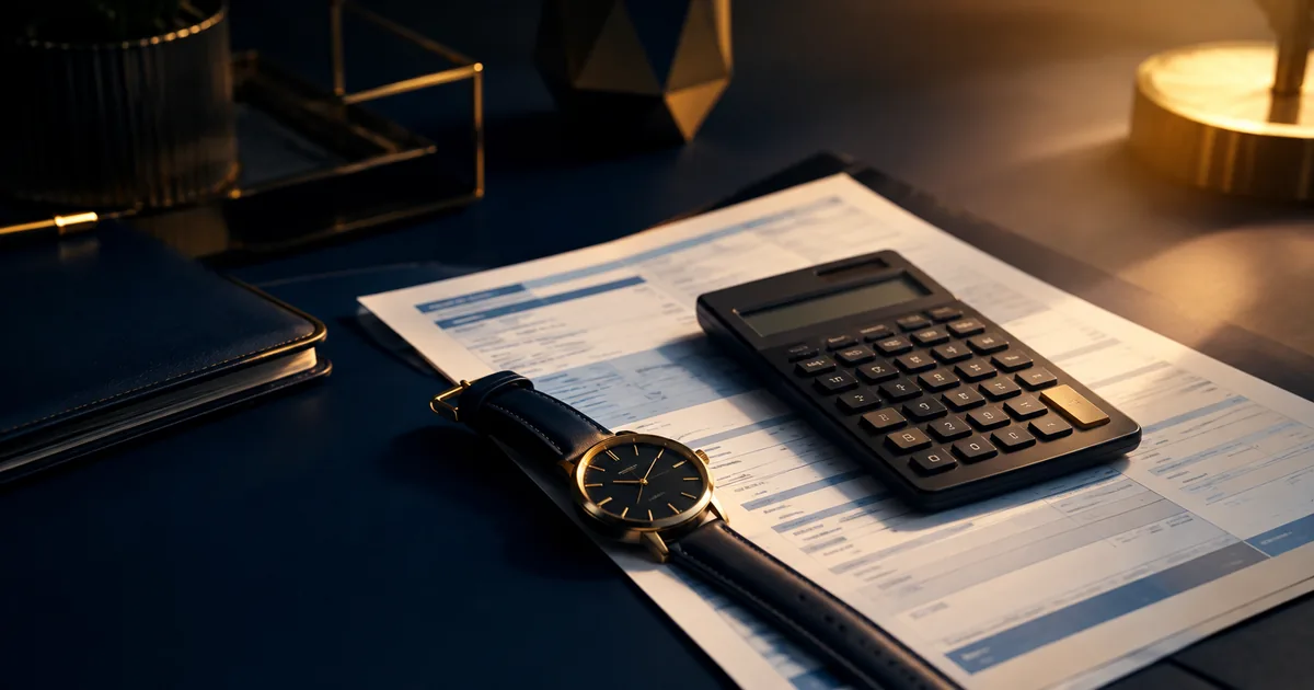 Calculadora e relógio sobre contracheque para apurar hora extra