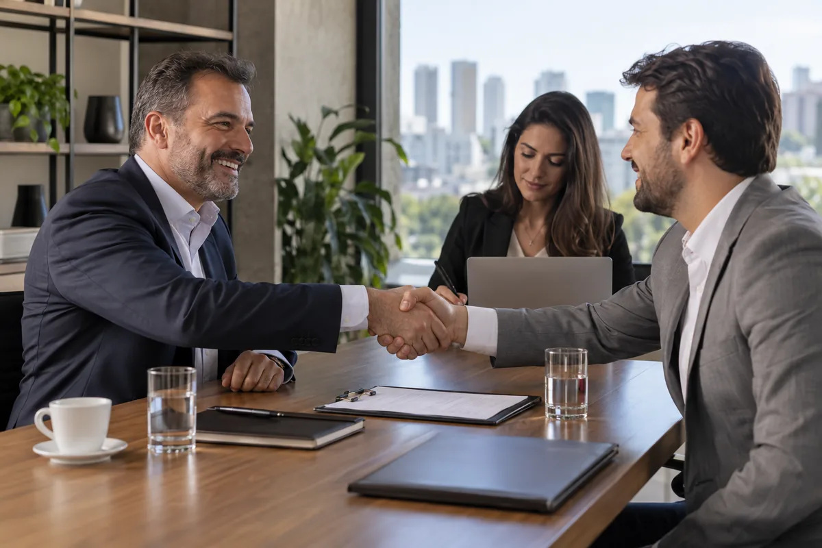 Empresários fecham acordo verbal enquanto gerente registra a conversa