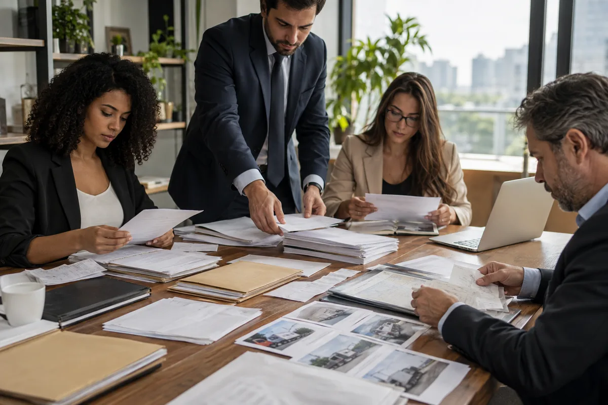 Equipe organiza comprovantes mensagens e registros de execução de acordo comercial