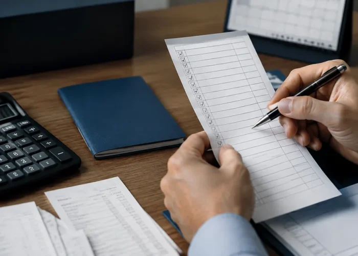 Lista de pagamentos trabalhistas ao lado de calculadora e carteira