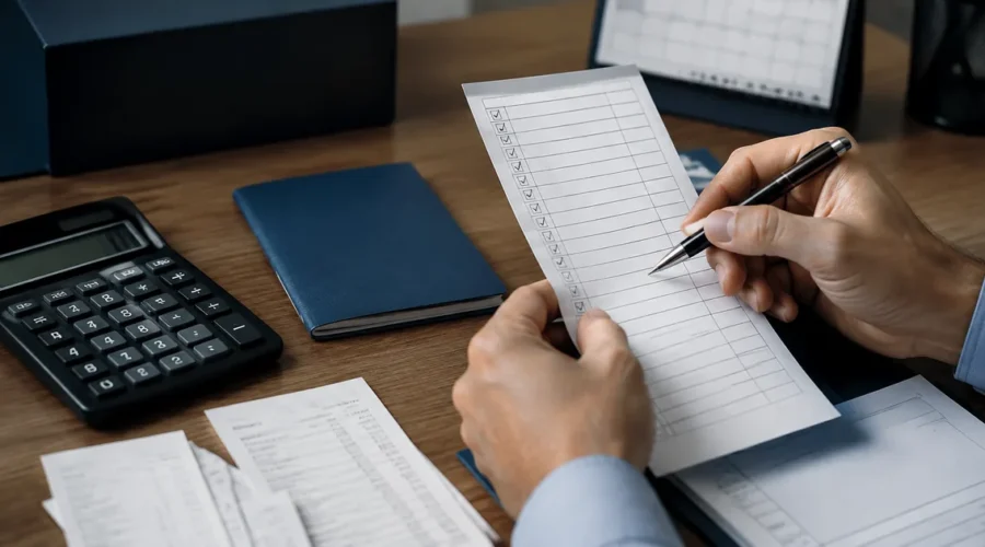 Lista de pagamentos trabalhistas ao lado de calculadora e carteira