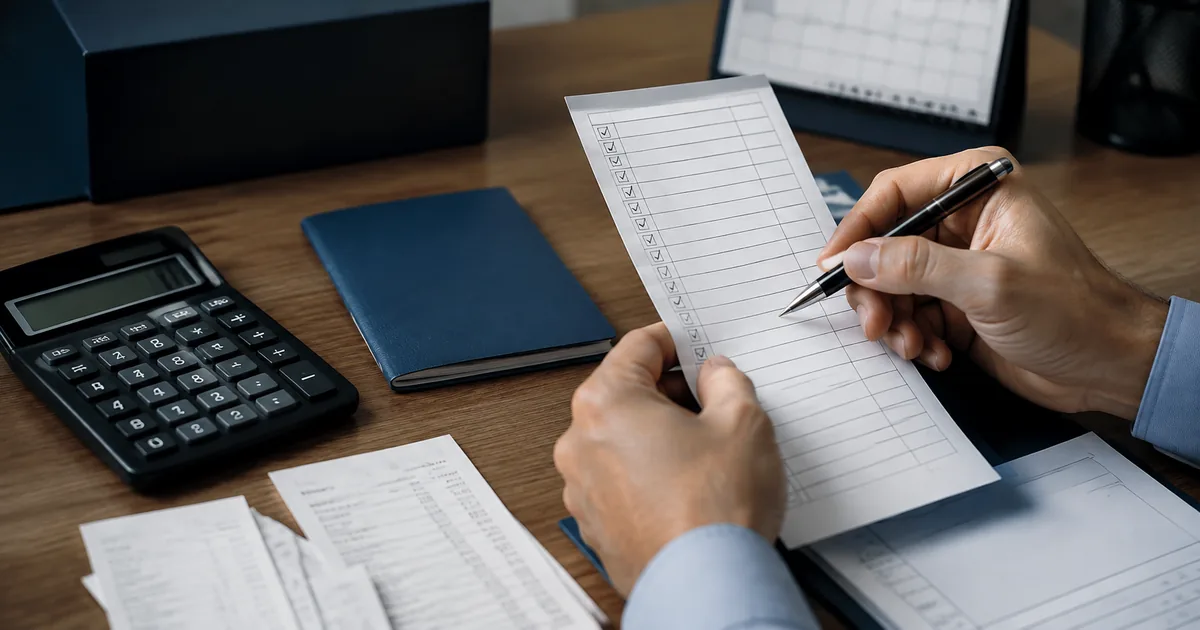 Lista de pagamentos trabalhistas ao lado de calculadora e carteira