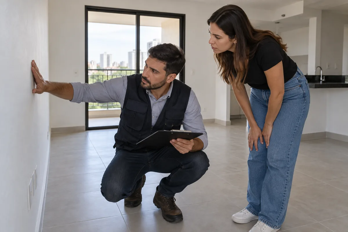 Compradora acompanha vistoria de acabamento em apartamento novo