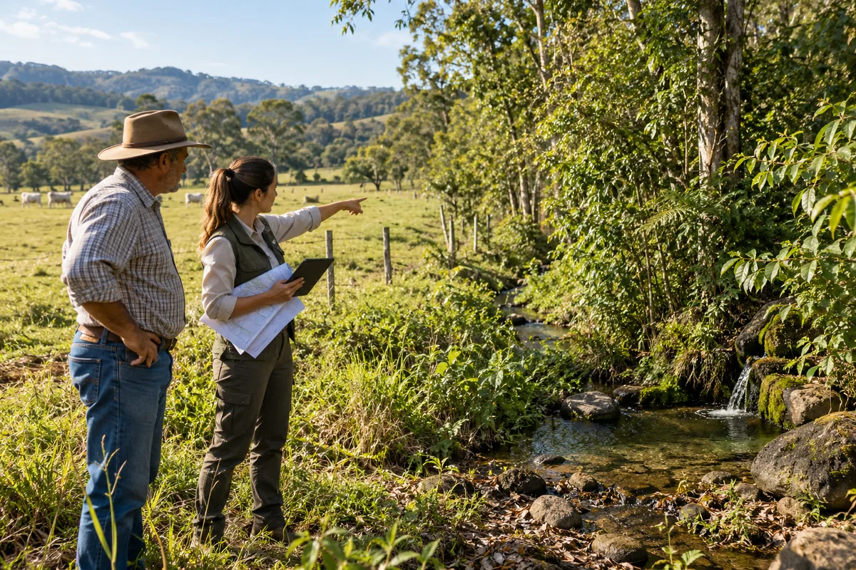 Proprietário e técnica vistoriando mata ciliar em imóvel rural