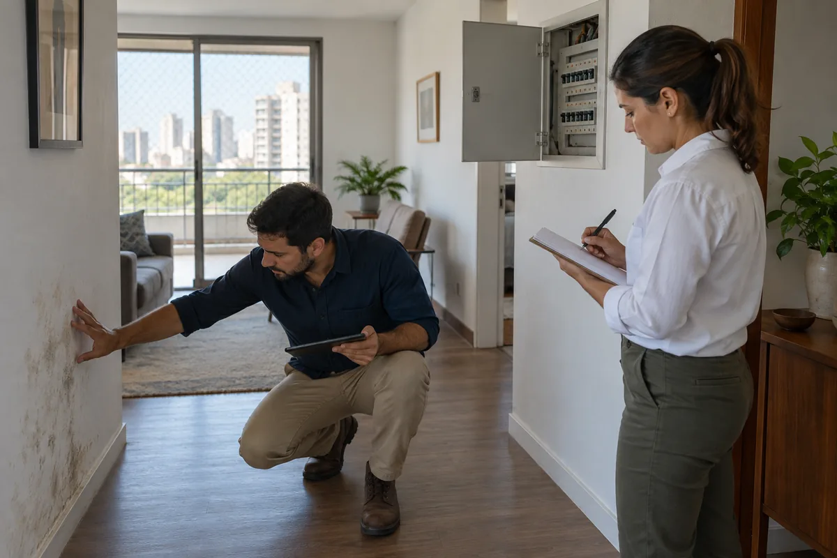 Profissionais verificam umidade e instalações elétricas em imóvel usado