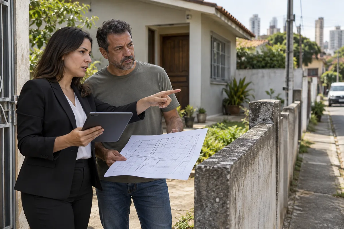 Advogada confere limites de imóvel com possuidor