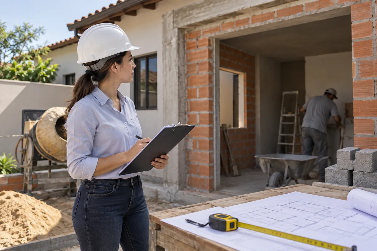Engenheira inspeciona ampliação residencial em execução