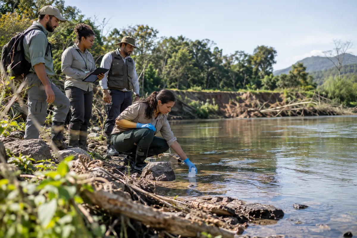 Equipe técnica coleta amostra de água em rio para avaliar dano ambiental