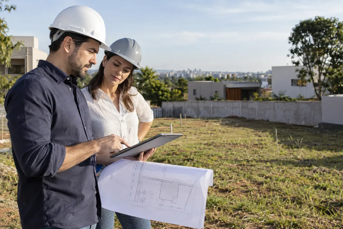 Responsáveis conferem implantação e recuos no terreno da futura obra
