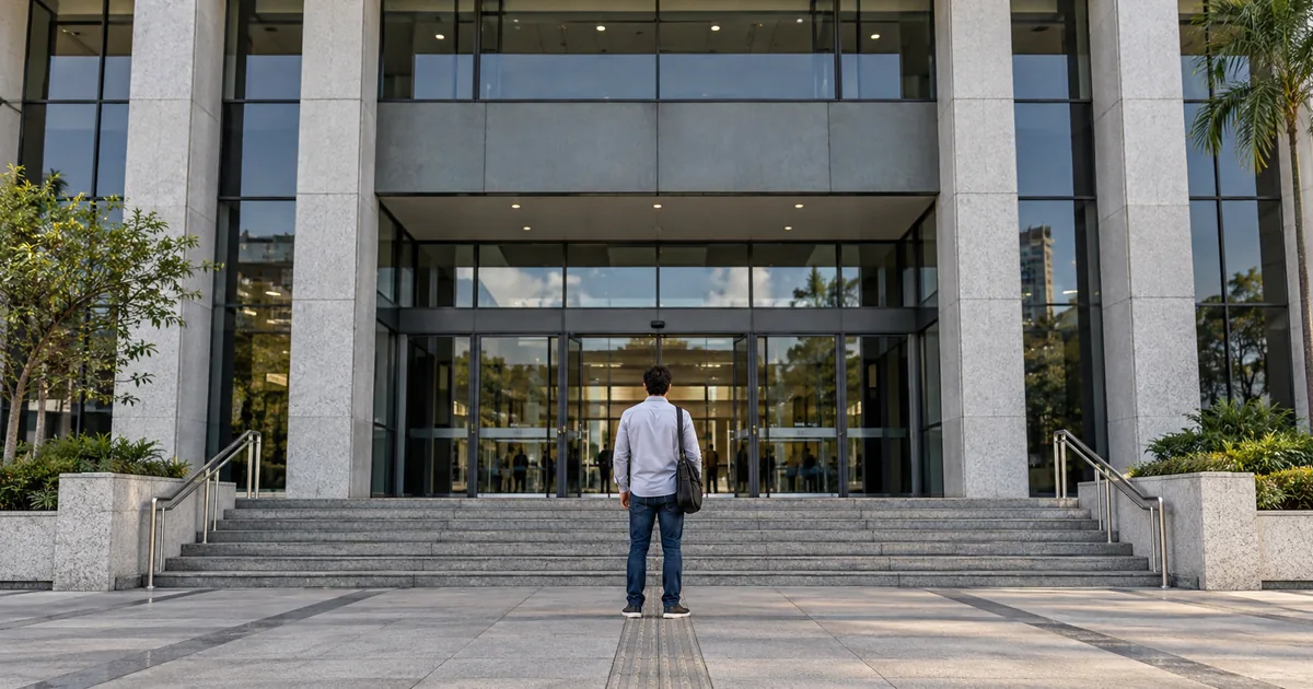 Cidadão diante da entrada de um edifício público