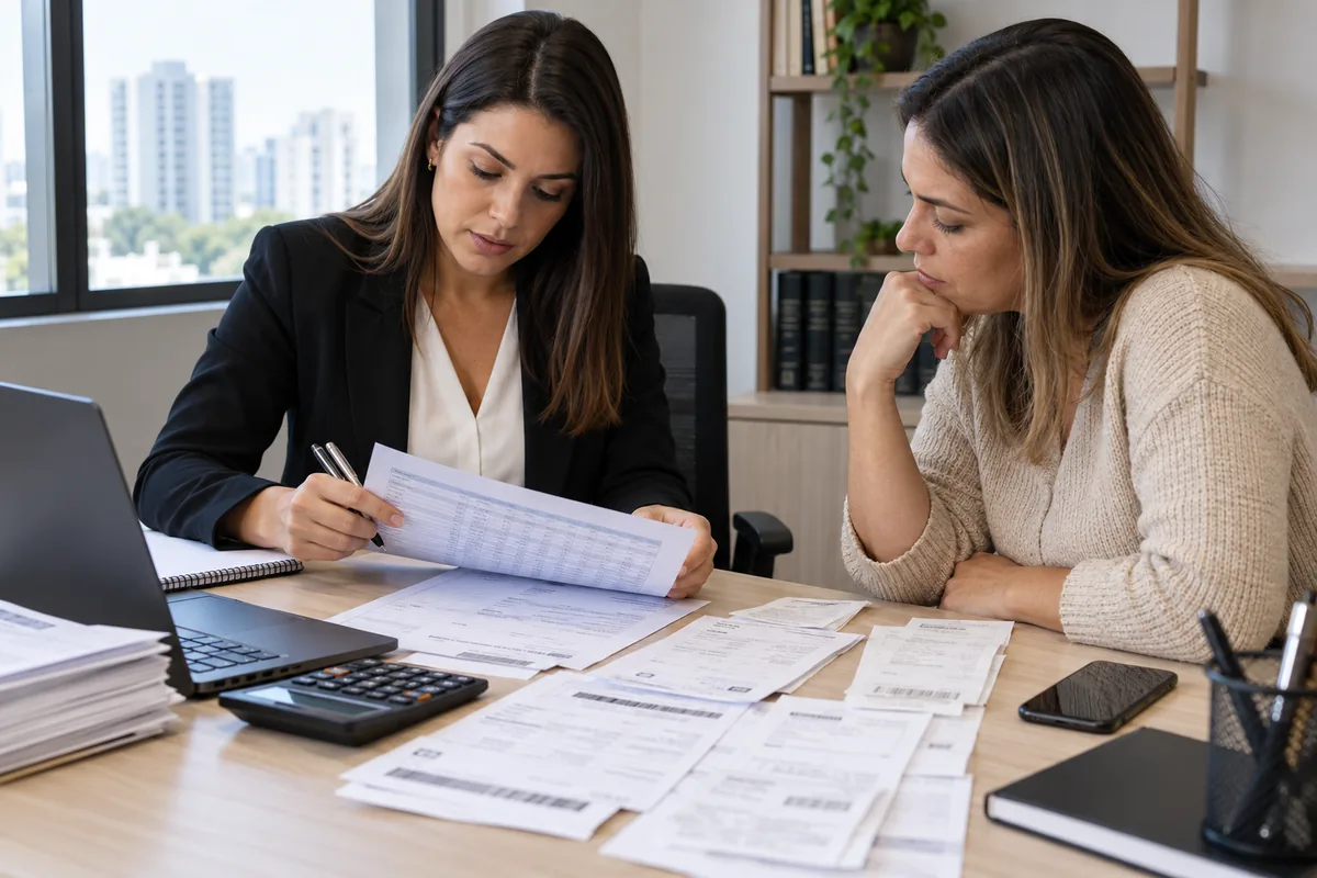 Advogada e moradora conferem boletos e comprovantes de dívida condominial