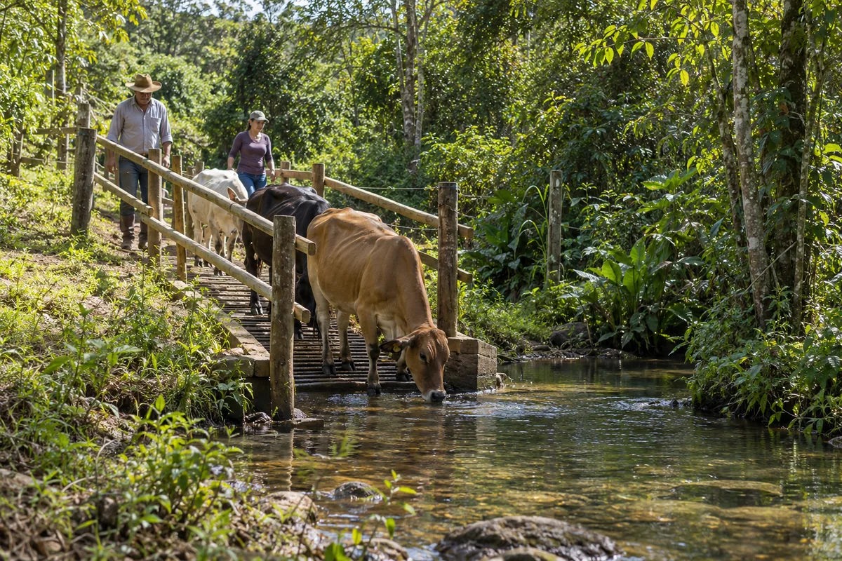 Animais acessam ponto controlado de água junto à mata ciliar