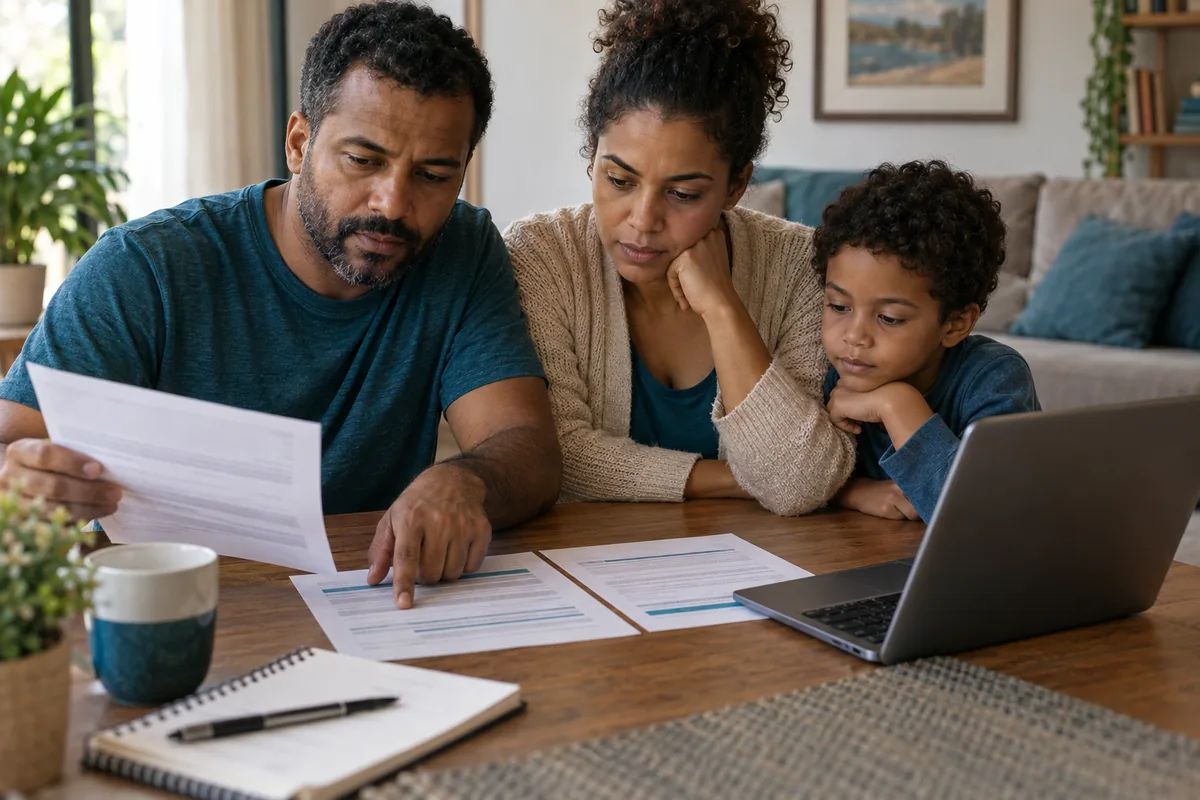 Família analisa documentos de benefícios previdenciários no computador
