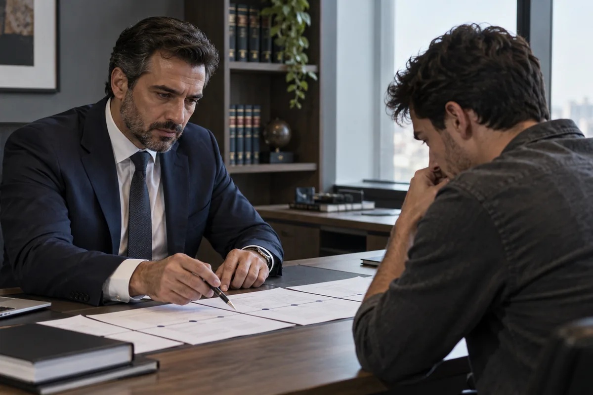 Advogado criminalista orienta cliente e revisa uma cronologia do caso