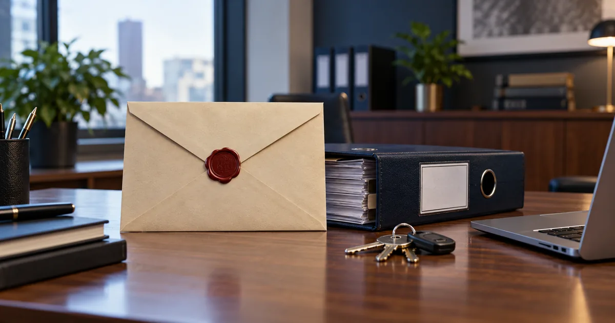 Envelope selado ao lado de inventário, chaves e computador
