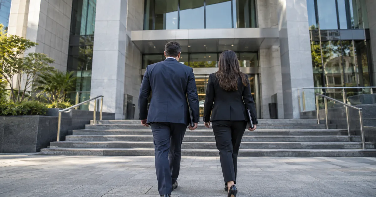 Cliente e advogada chegam a edifício institucional