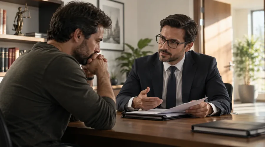 Pessoa conversa com advogado após ser acusada de furto