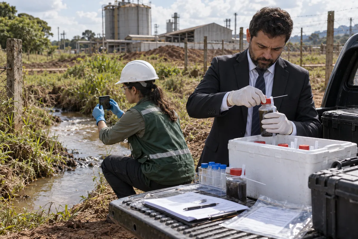 Técnica e advogado registram local e amostras em área investigada